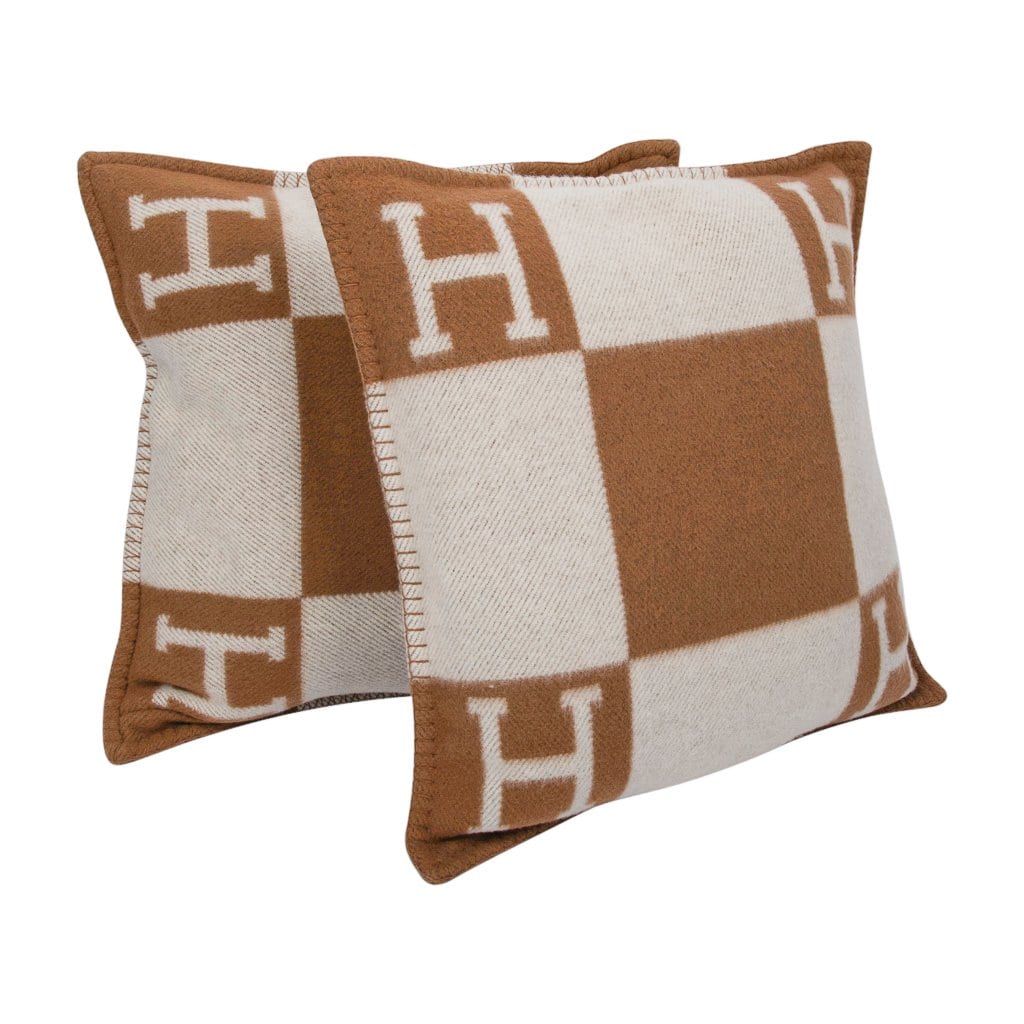 Hermes Pillow Avalon PM Signature H Camel Ecru Throw Cushion Set of Two