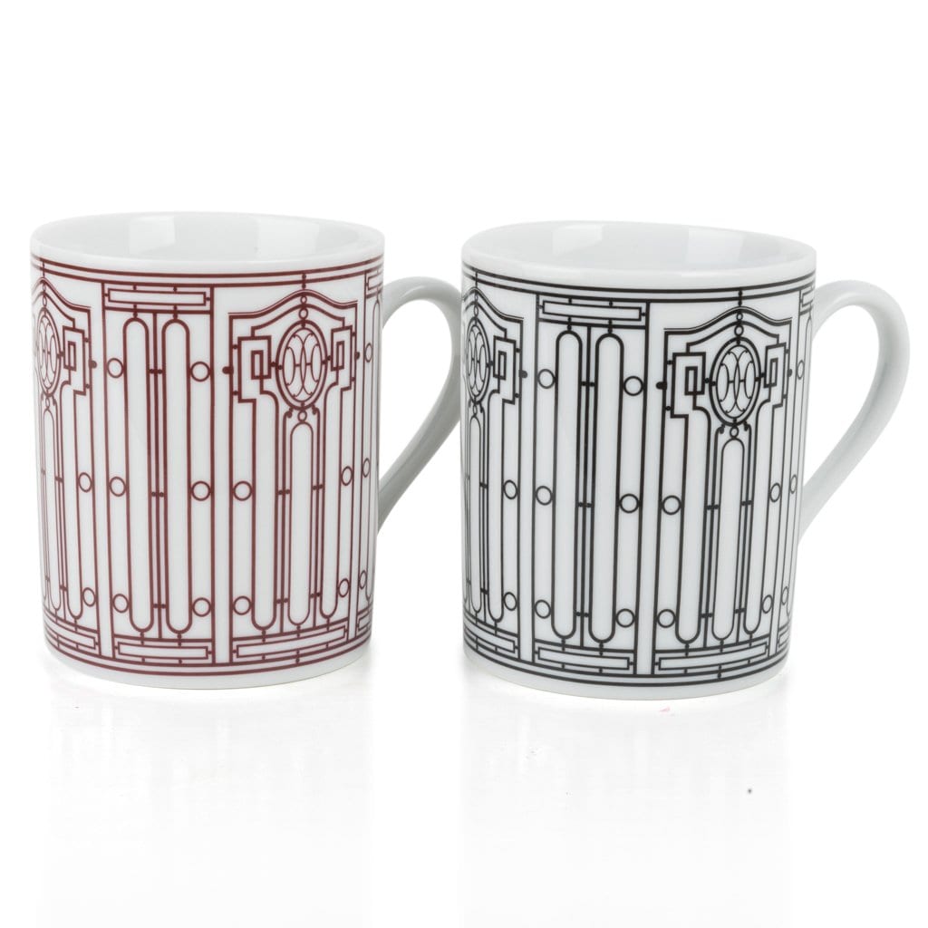 Hermes H Deco Mugs White with Rouge Porcelain Set of 2 New w/Box