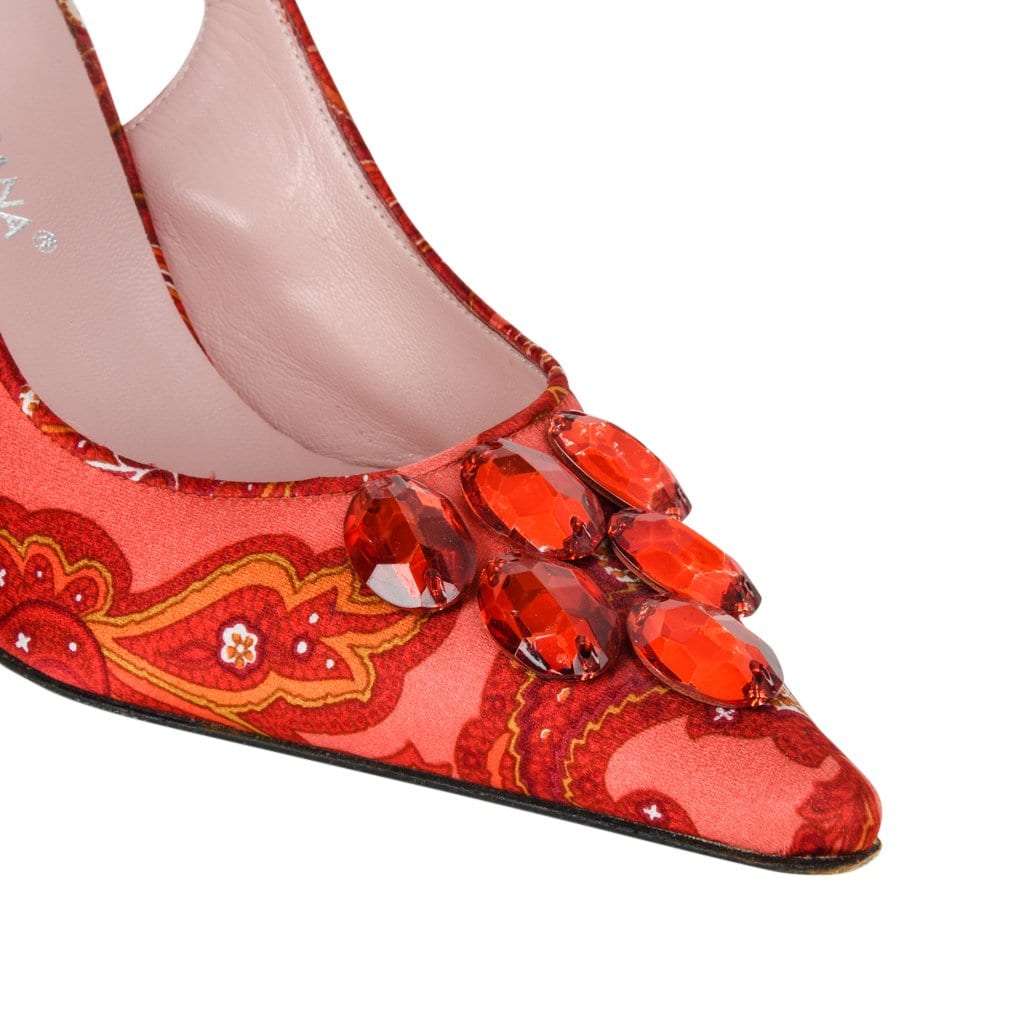 Dolce&Gabbana Shoe Red Paisley Satin Jeweled Slingback 37.5 / 7.5 - mightychic