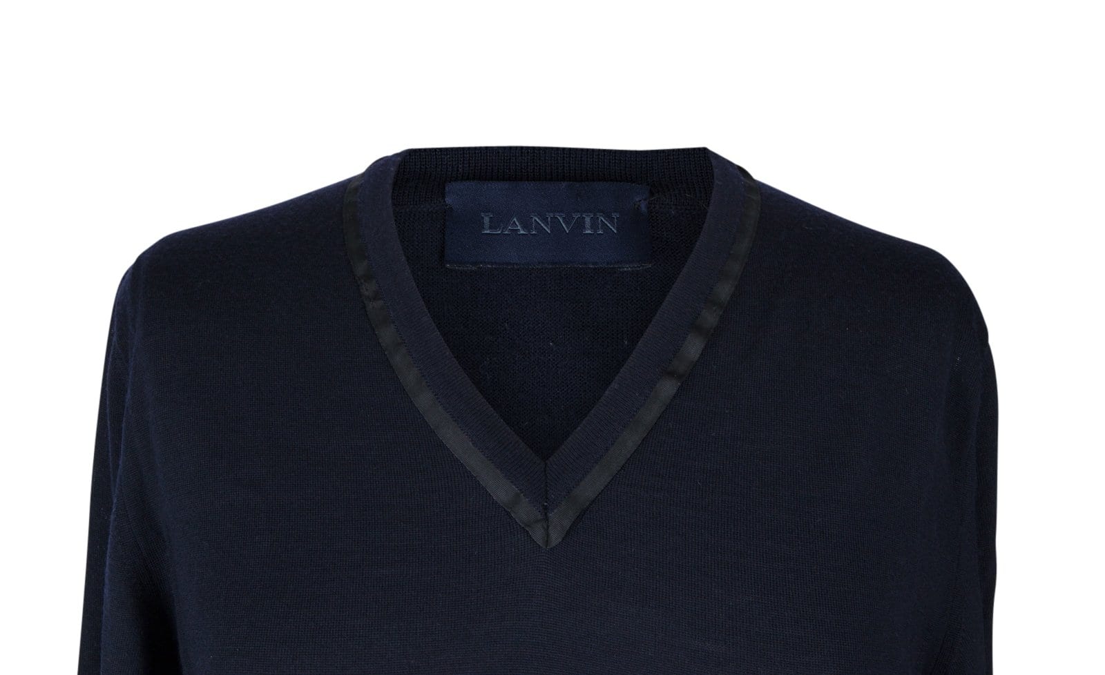 Lanvin Top chic V Neck Dark Navy Sweater Pretty Neck Detail L - mightychic