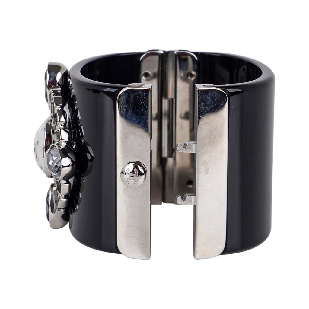 Chanel Strass Crystal Jeweled Clamper Cuff Black Resin Bracelet