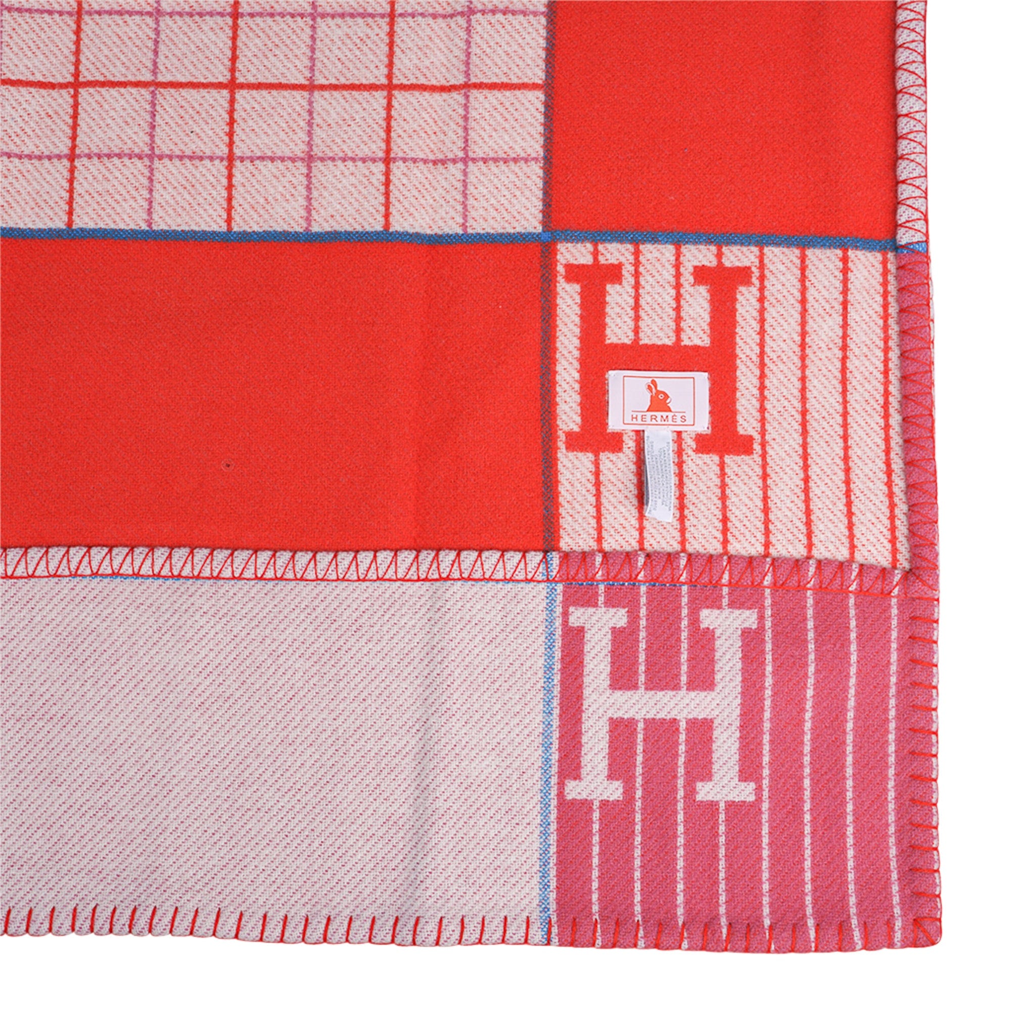 Hermès Pink, Orange and Blue Laine Merinos and Cashmere Two Sided Avalon Passe-Passe Baby Blanket (Like New), Decor