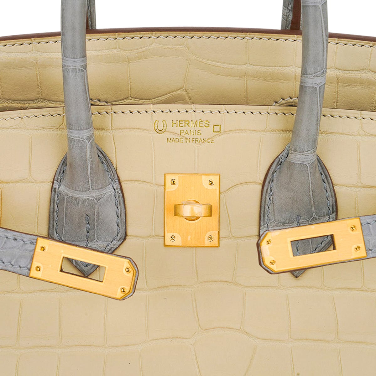 Hermes Special Order HSS Birkin 25 Bag in Matte Alligator Vanille and Gris Pearl Alligator with Brushed Gold Hardware