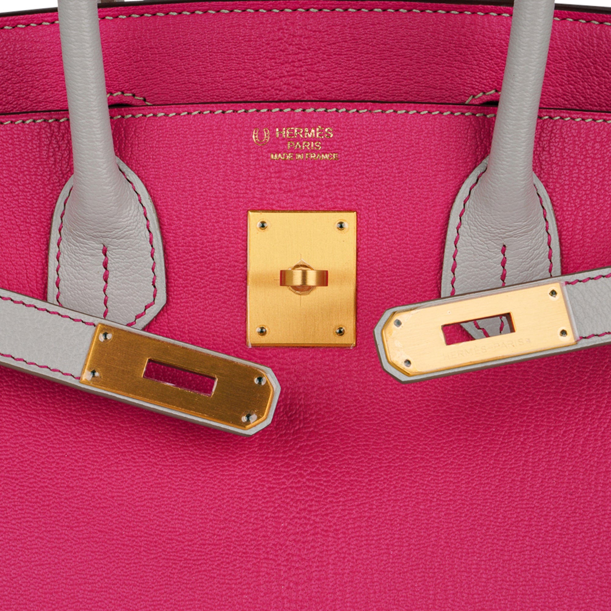 Hermes Special Order HSS Birkin 30 Bag Rose Shocking & Gris Perle Chevre Leather with Brushed Gold Hardware