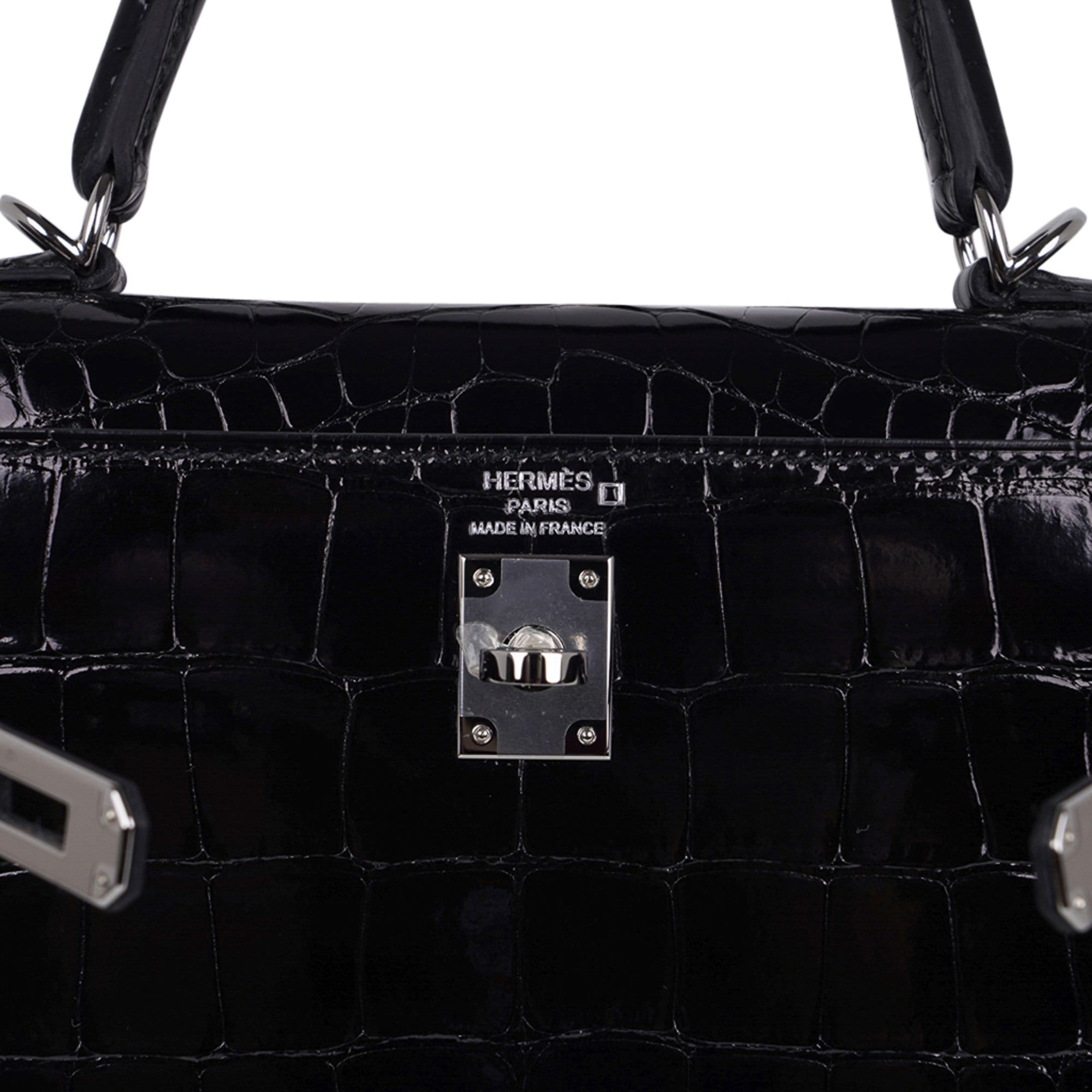 Hermes Kelly Sellier 25 Black Shiny Crocodile Alligator Handbag