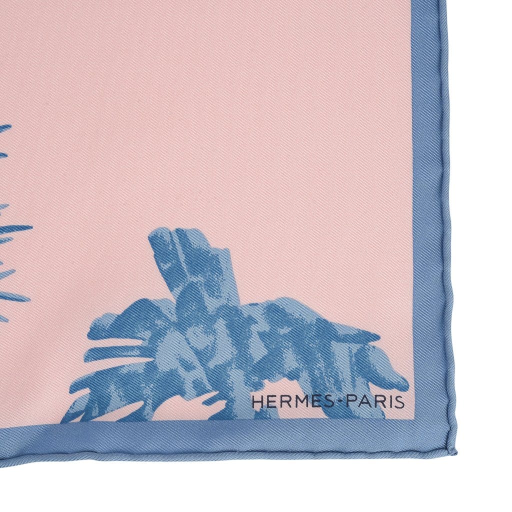 Hermes Scarf Les Tigreaux 45 Rose Pale / Blue New w/Box