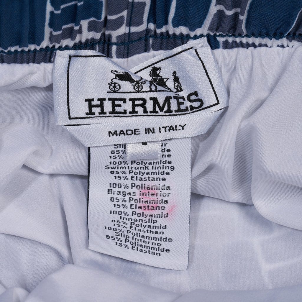 Hermes Men's Mosaique H Swim Trunks Blue L