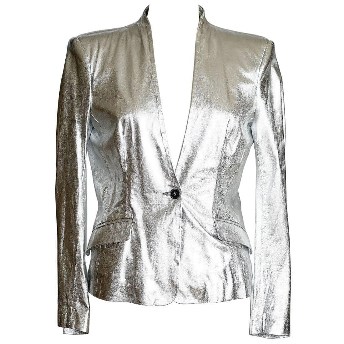Pierre Balmain Jacket Ice Silver Light Weight Leather  42 / 8 nwt - mightychic