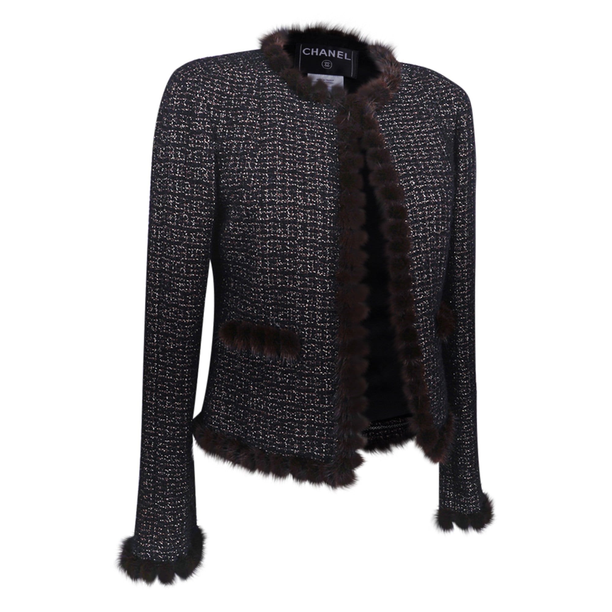 Chanel 03A Jacket Black Tweed Mink Trim Metallic Thread 40 / 6