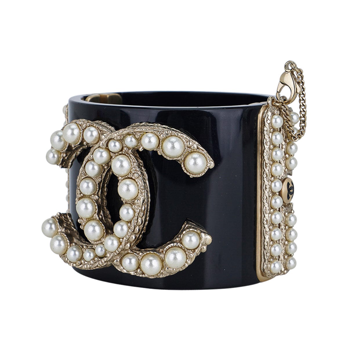 Chanel CC Crystal Studded Black Resin Hinged Wide Cuff Bracelet at