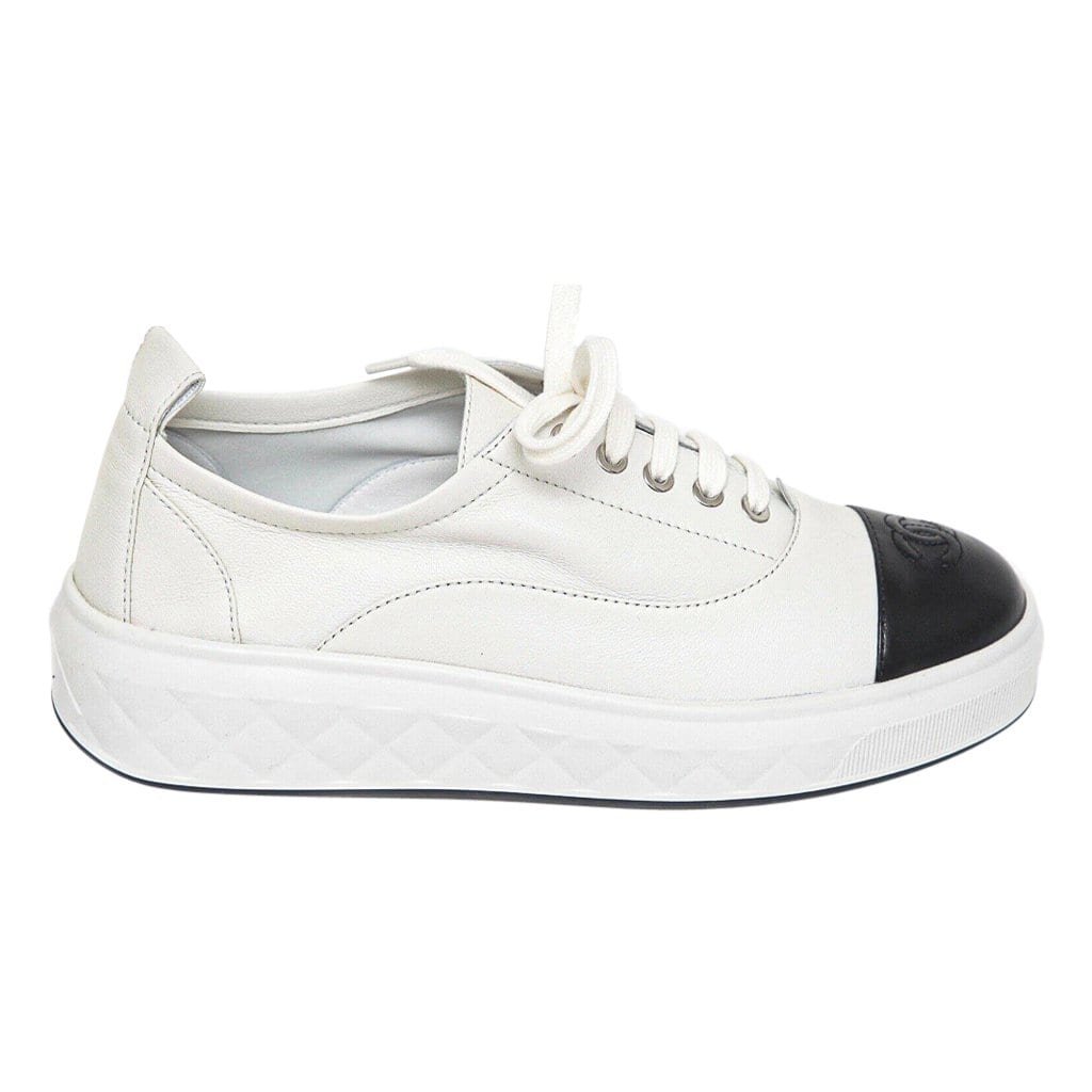Chanel Sneakers White Leather w/ Black Leather CC To Cap 38 / 8 New w/ –  Mightychic