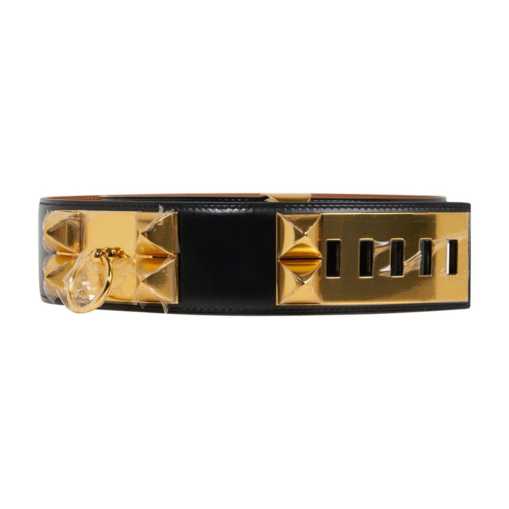 Hermes Belt Clou de Selle Black High Waist Box Leather Gold Hardware 7 –  Mightychic