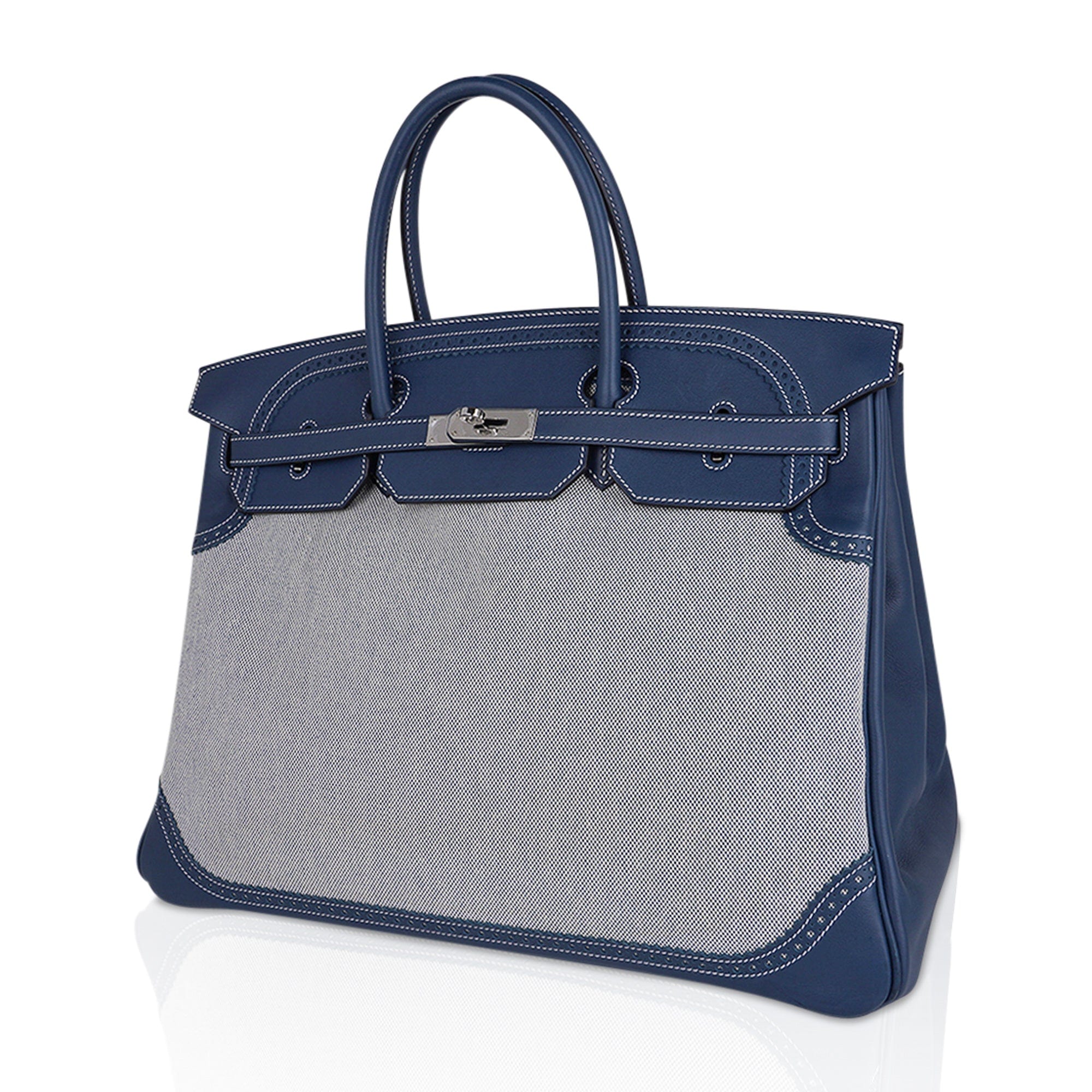Hermes Birkin Limited Edition 40 Ghillies Bag Blue de Prusse Blue Toile with Palladium Hardware