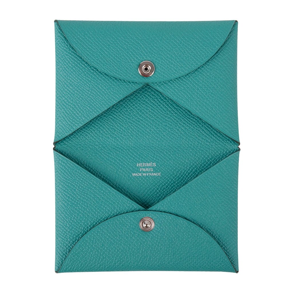 Hermes Card Holder Calvi Vert Rousseau in Leather with Silver-tone - US