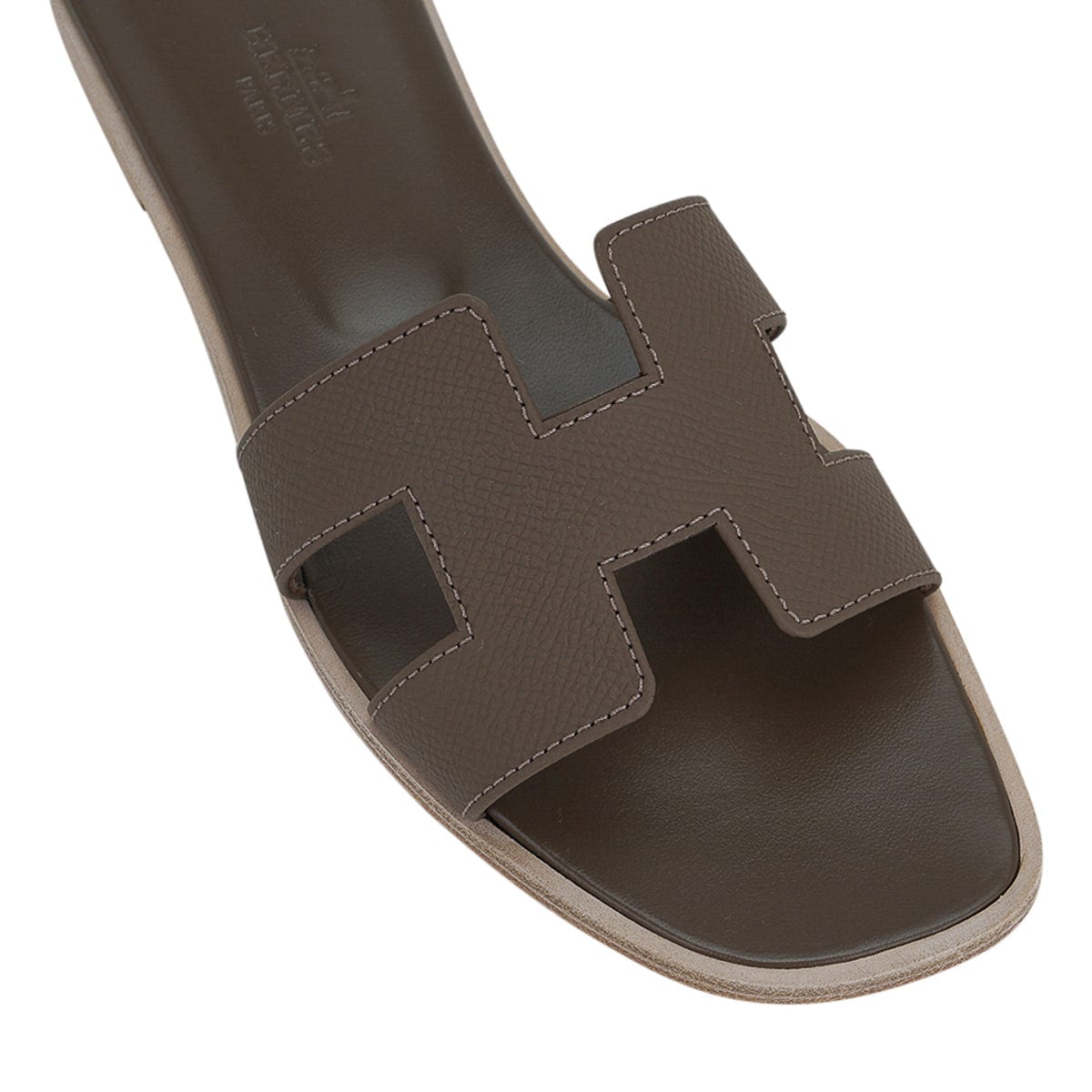 Hermes Oran Sandals Etoupe Epsom Leather Flat Shoes 37