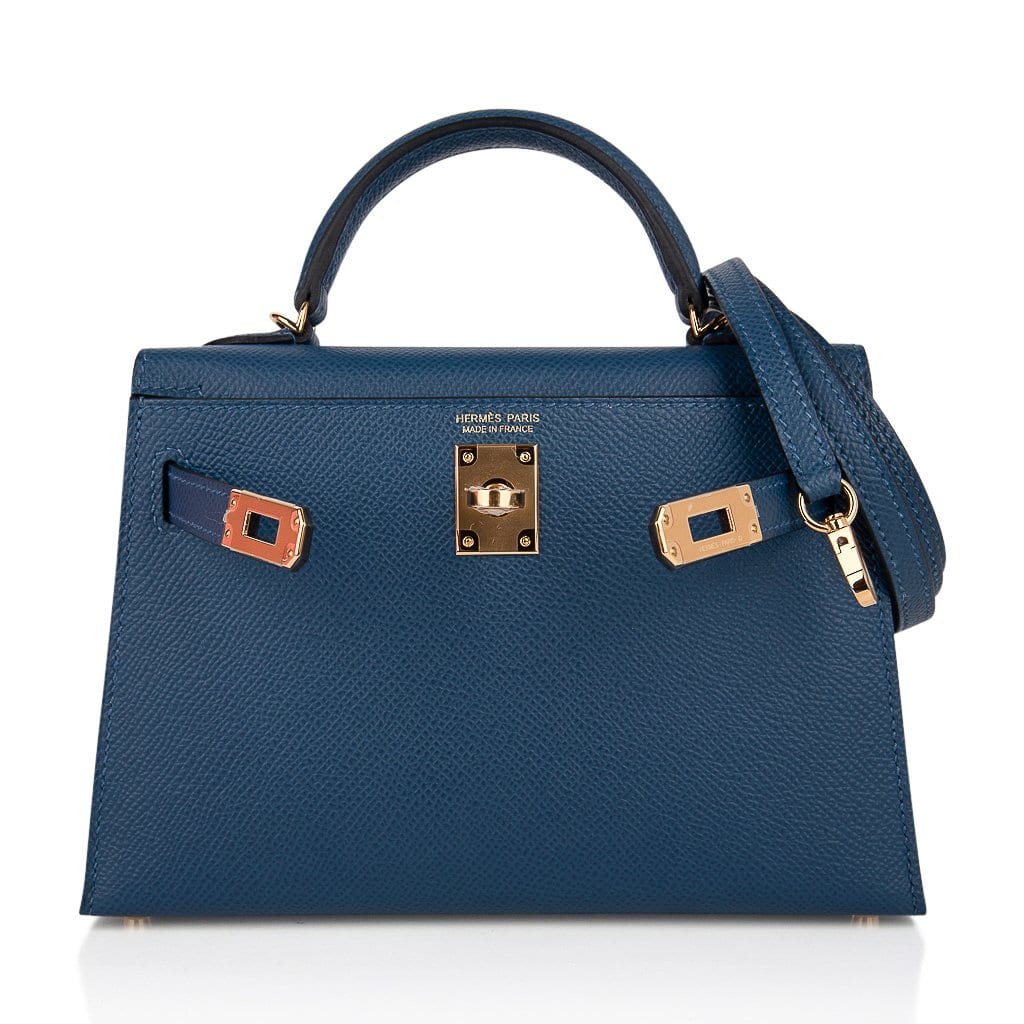 Hermes Kelly 20 Mini Sellier Bag Blue Brume Epsom Leather Gold Hardwar –  Mightychic