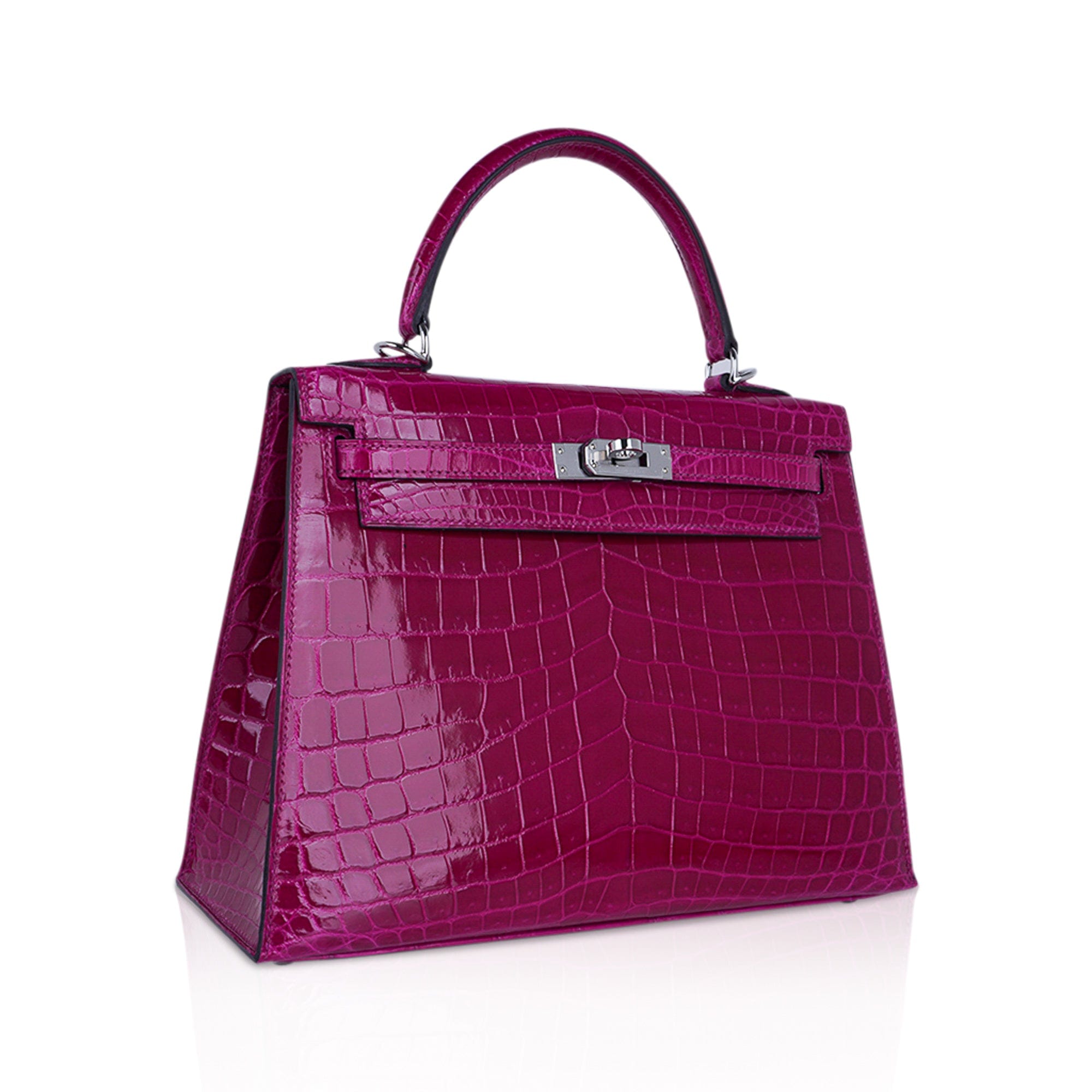 Hermes Kelly 25 Sellier Bag Rose Pourpre Crocodile with Palladium Hardware