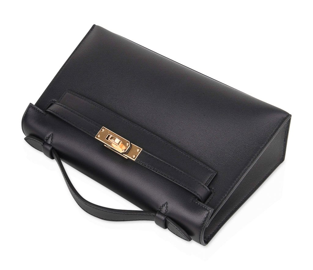 Hermes Kelly Pochette Bag Black Swift Clutch Gold Hardware • MIGHTYCHIC • 