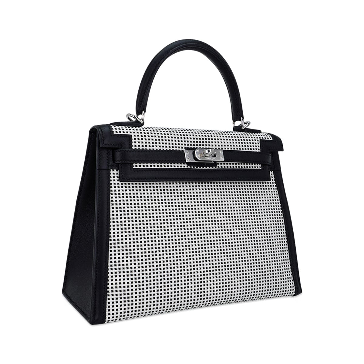 Hermes Kelly 25 Sellier Bag Quadrille Black & White Viking Toile Swift Leather with Palladium Hardware