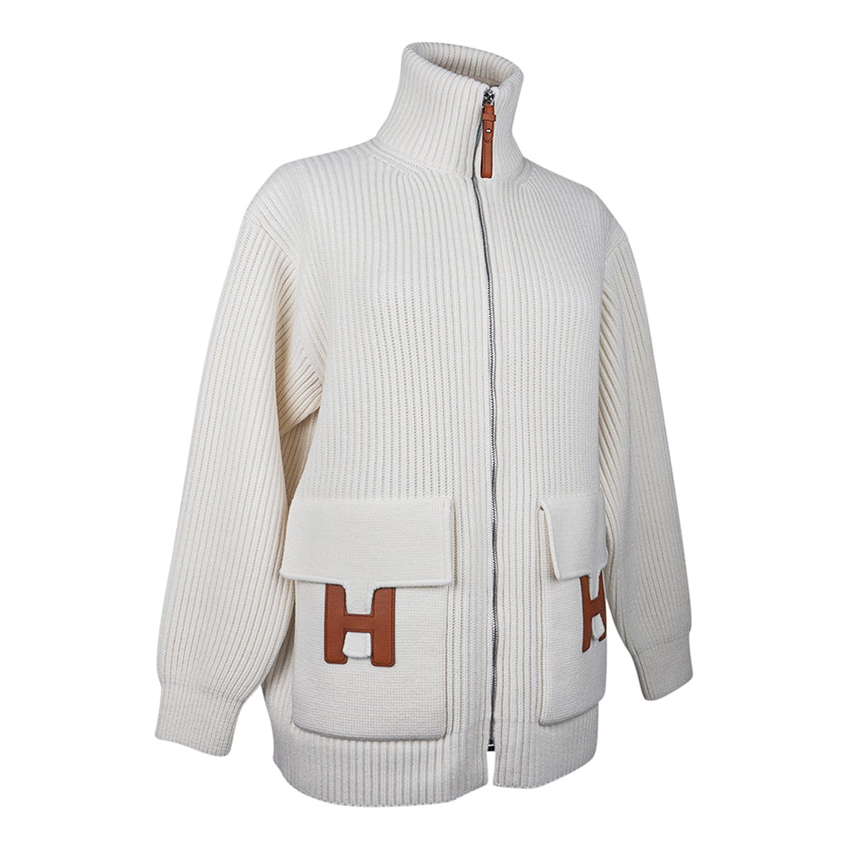 Hermes Cardigan Zip Winter White Sweater Brown Leather H 42