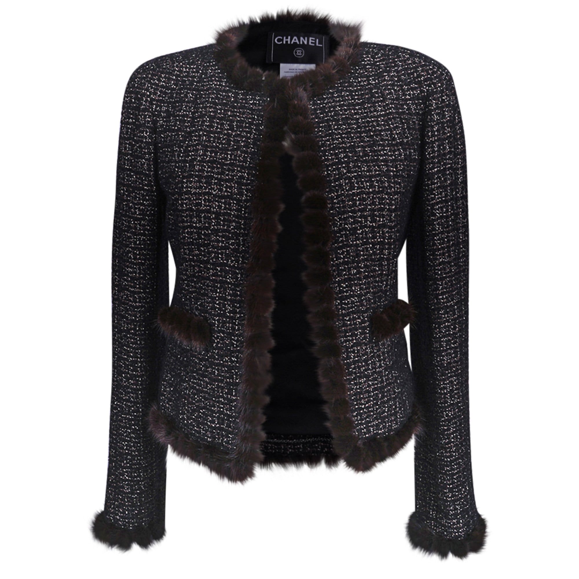 Chanel 03A Jacket Black Tweed Mink Trim Metallic Thread 40 / 6 – Mightychic