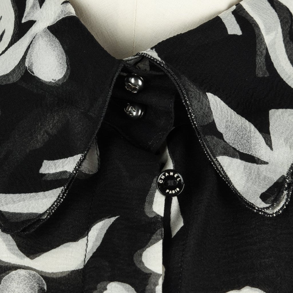 Chanel Top Black & White Silk Chiffon Floral Print 42 / 8 – Mightychic