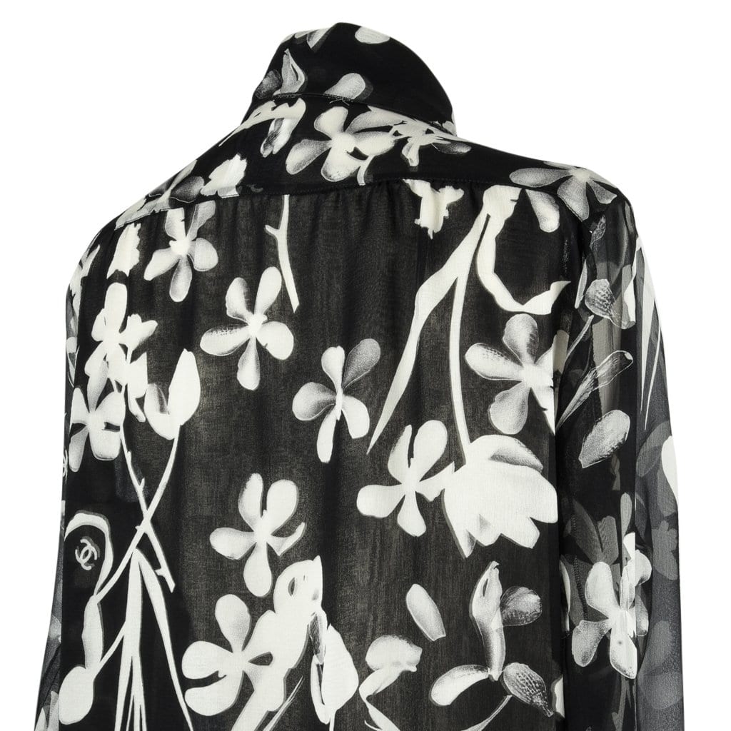 Chanel Top Black & White Silk Chiffon Floral Print 42 / 8 – Mightychic