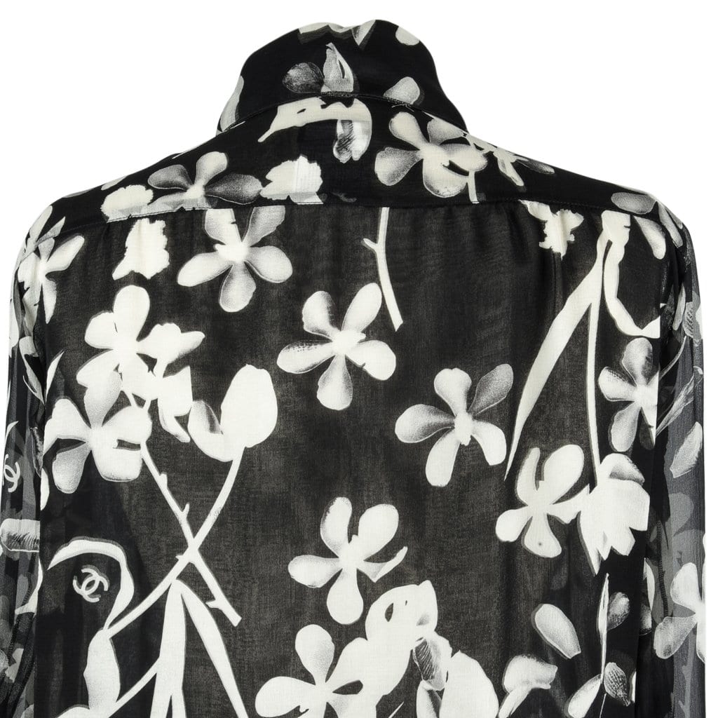 Chanel Top Black & White Silk Chiffon Floral Print 42 / 8 – Mightychic