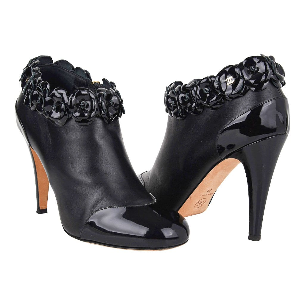 Chanel Ankle Boots Black Patent / Leather Camellia Flowers 40 / 10 –  Mightychic