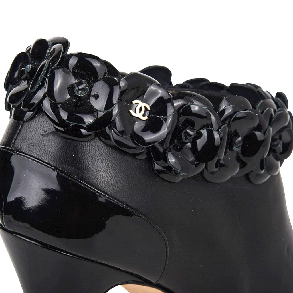 Chanel Ivory Black Camellia Floral Leather Combat Boots 36
