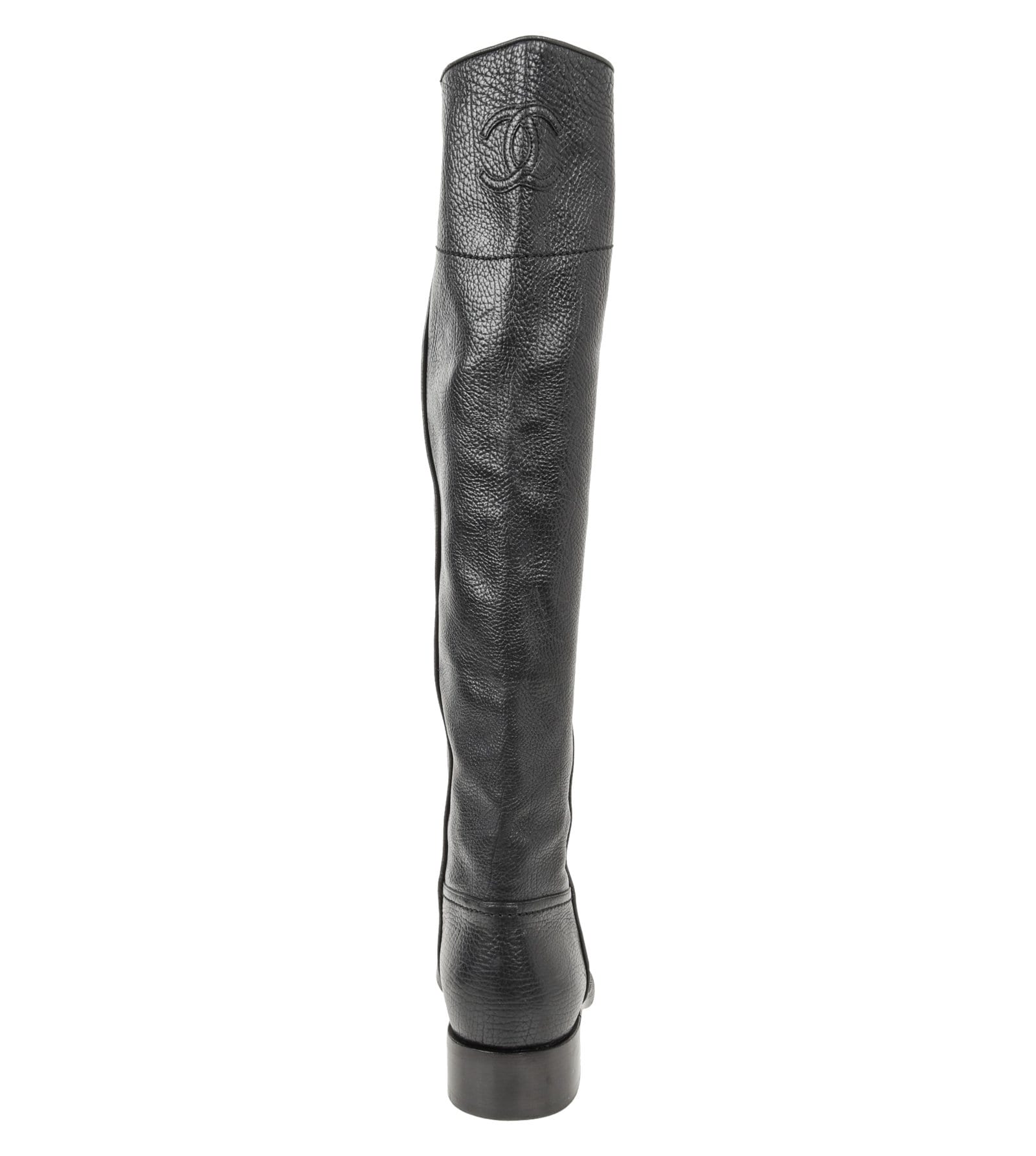Chanel Boot Black Textured Leather Flat Knee High CC Logo 39.5 / 9.5 - mightychic