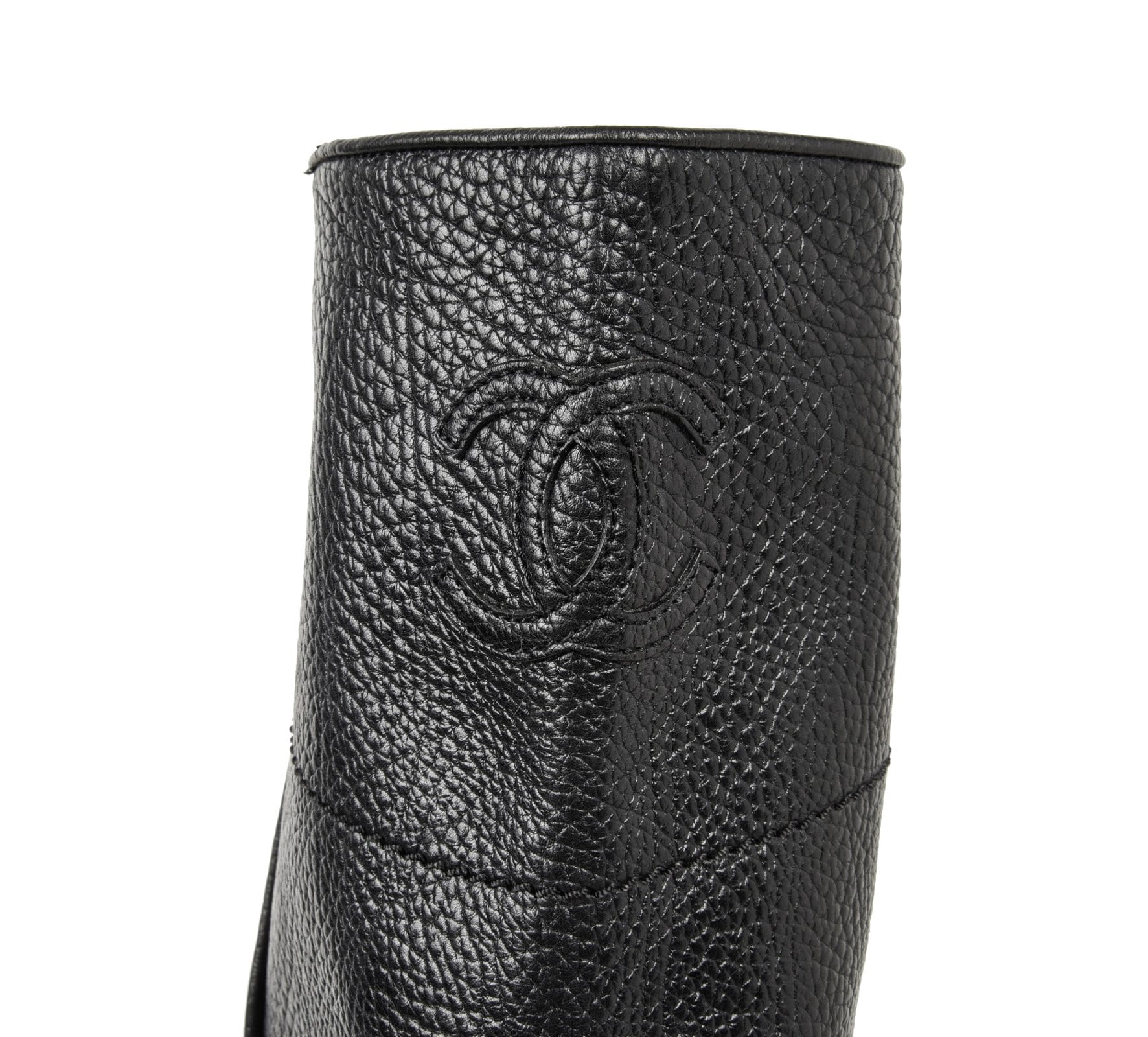 Chanel Boot Black Textured Leather Flat Knee High CC Logo 39.5
