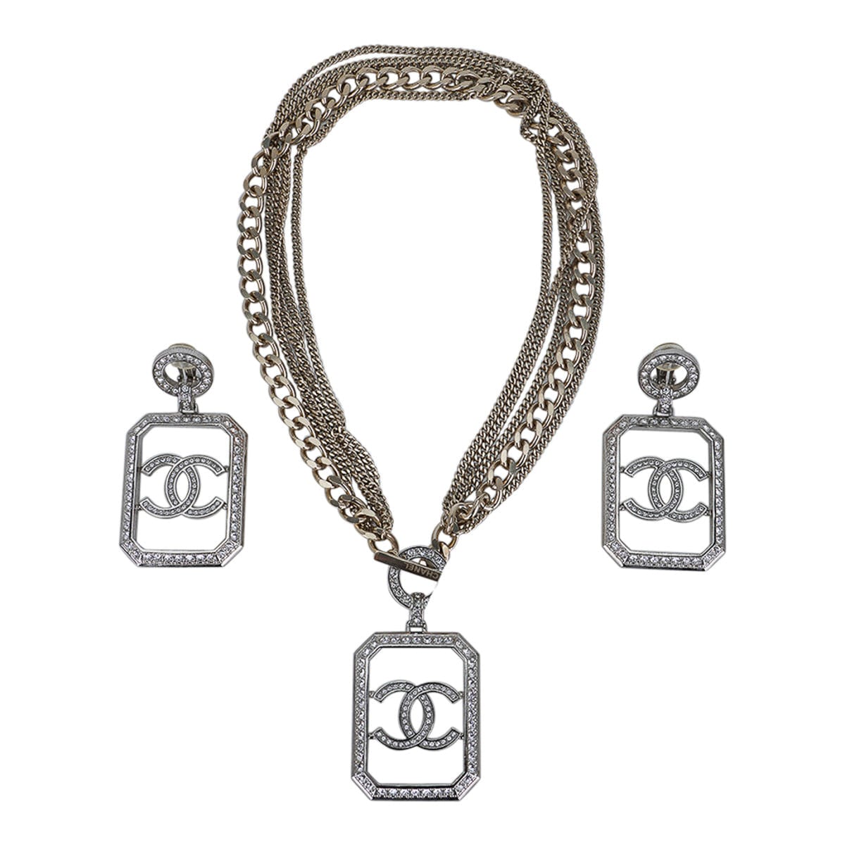Chanel Necklace Multi Chain Silver CC Diamante Pendant