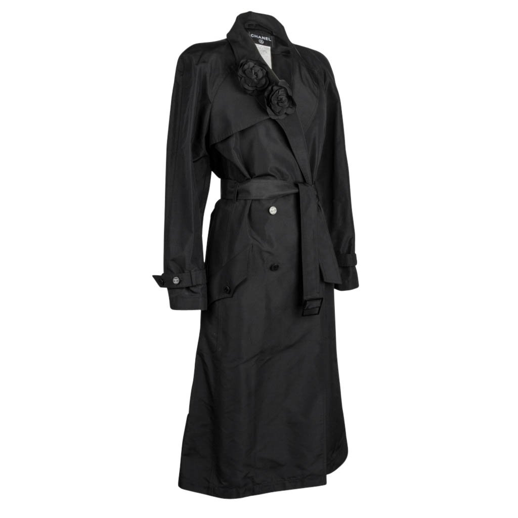 Chanel 03C Coat Trench Style Silk Two Camellia Pins 42 / 8 - mightychic