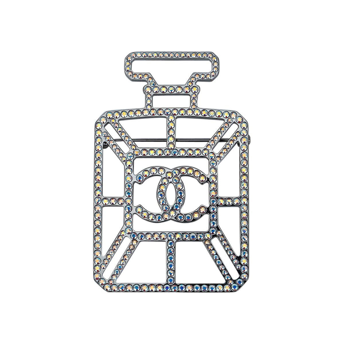 Chanel Perfume Bottle Iridescent Crystal Strass Brooch CC Logo