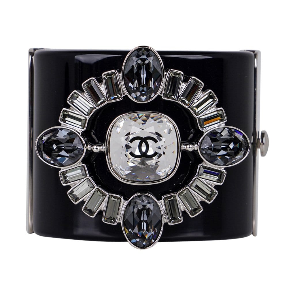 Chanel Strass Crystal Jeweled Clamper Cuff Black Resin Bracelet