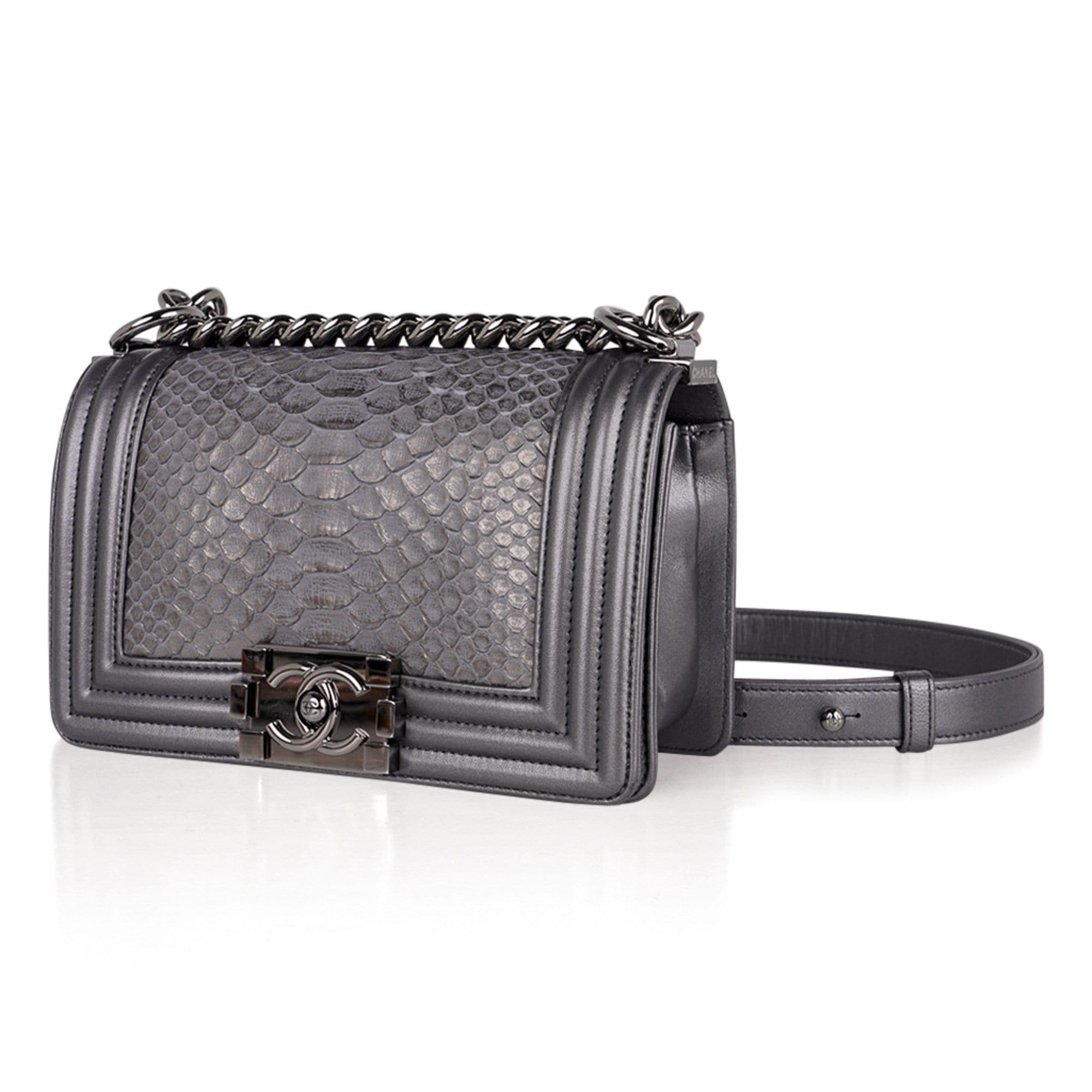 Chanel Boy Bag Silver Python / Leather Ruthenium Hardware Medium New w/Box