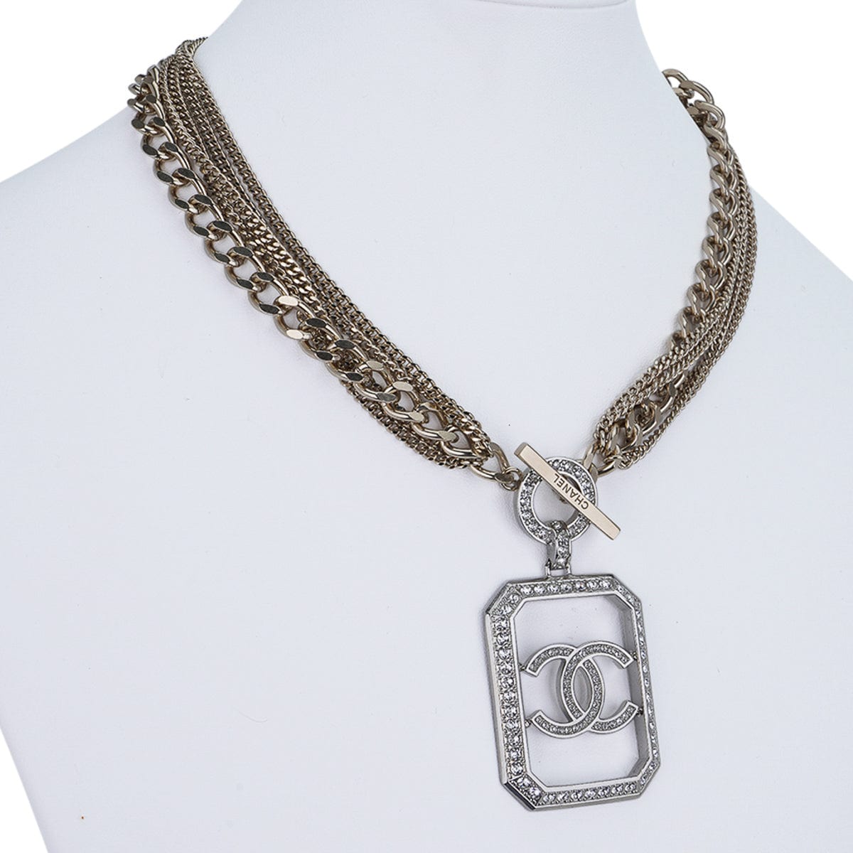 Chanel Big CC COCO Necklace Pendant Pearl Choker Silver Crystal Near Mint