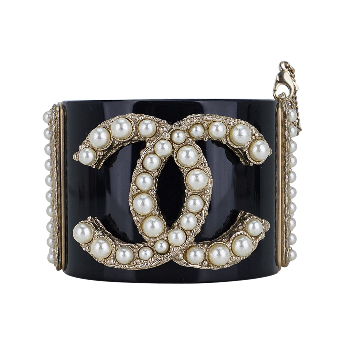 Chanel Black Resin / Faux Pearl Encrusted CC Clamper Cuff Bracelet c 2 –  Mightychic