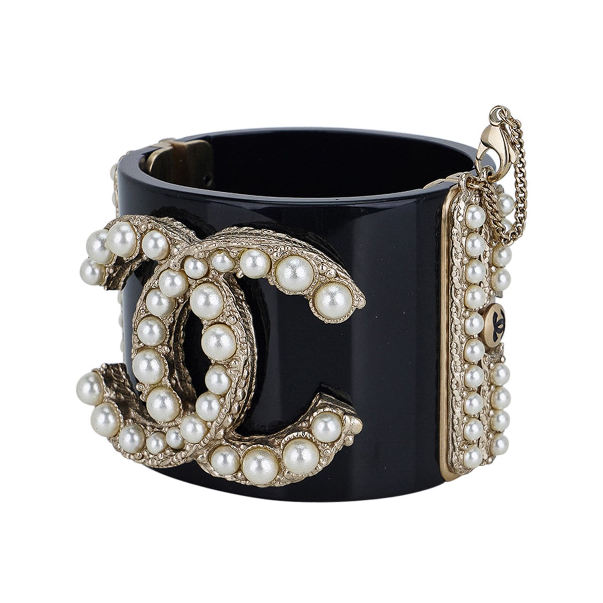 Chanel Black Resin / Faux Pearl Encrusted CC Clamper Cuff Bracelet c 2 –  Mightychic
