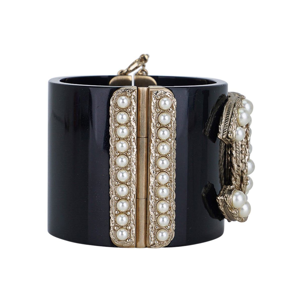 Chanel Black Resin / Faux Pearl Encrusted CC Clamper Cuff Bracelet