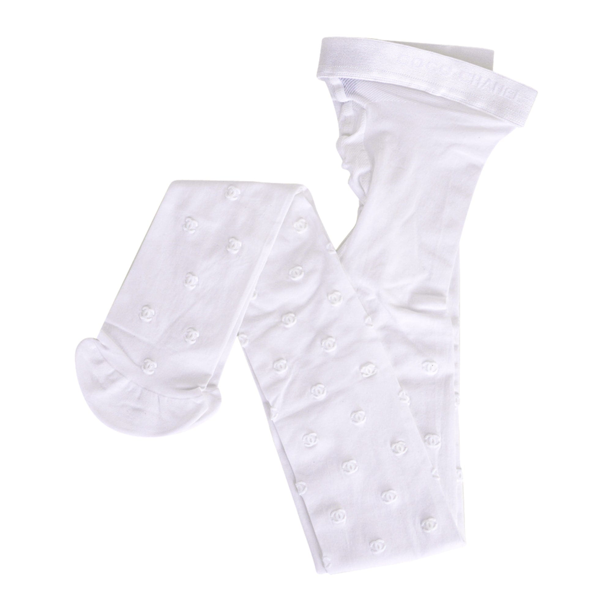 Chanel REV Runway White CC Logo Sheer Hoisery Stockings Pull