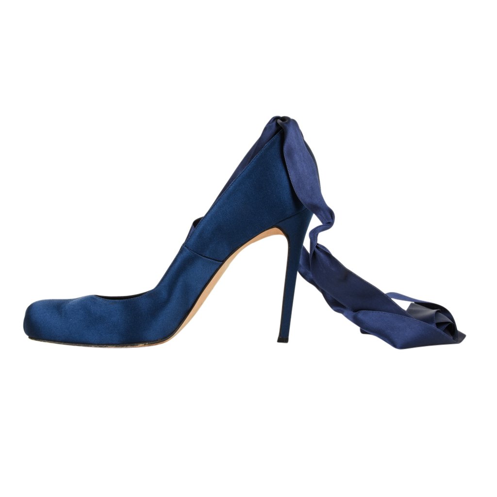 Chanel Shoe Ankle Wrap Square Ballet Toe Blue Satin High Heel Pump 40 / 10