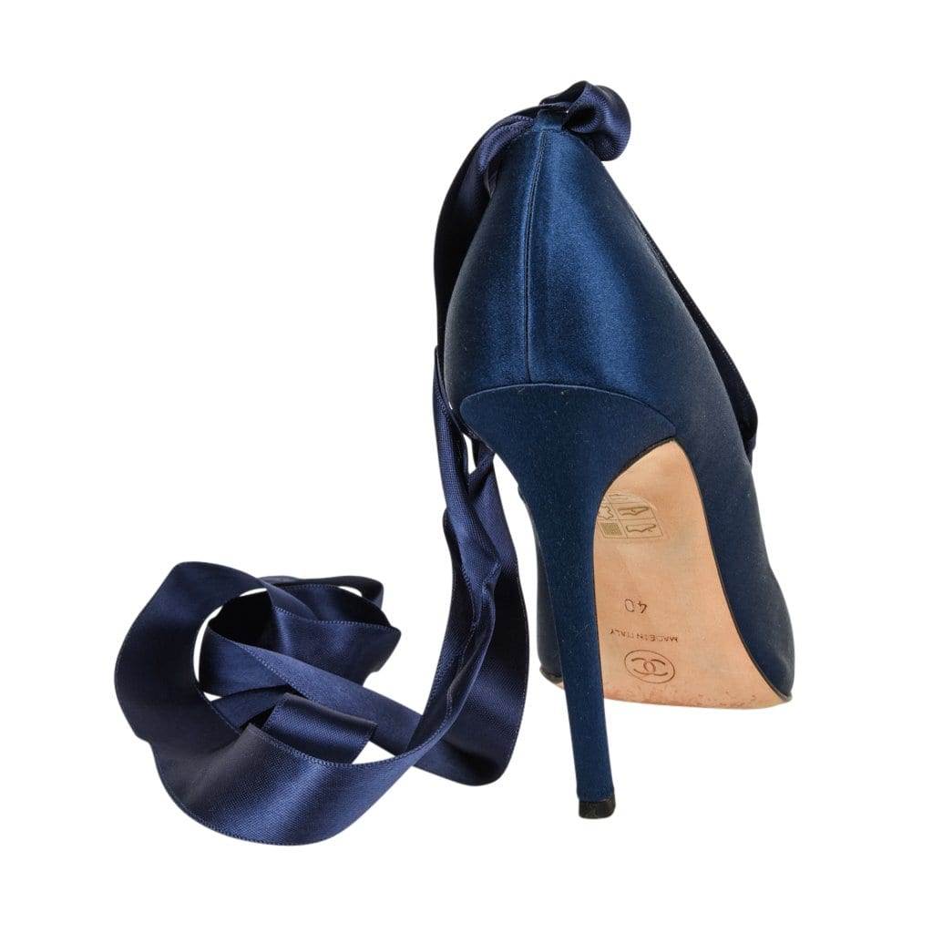 Chanel Shoe Ankle Wrap Square Ballet Toe Blue Satin High Heel Pump