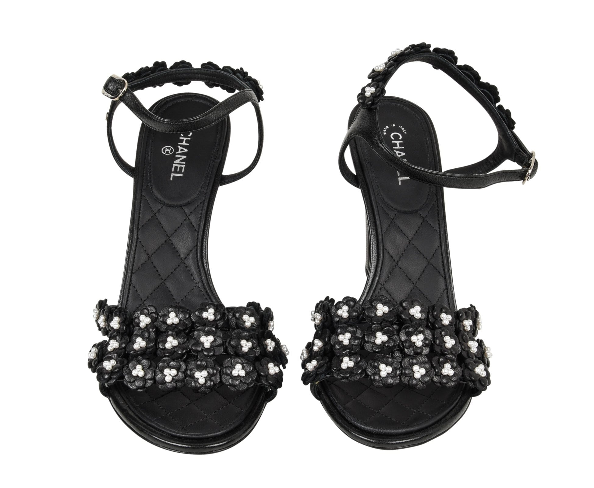 Chanel Shoe Camellia Black Leather Flowers w/ Pearls Sandal 40 / 10 Ne –  Mightychic