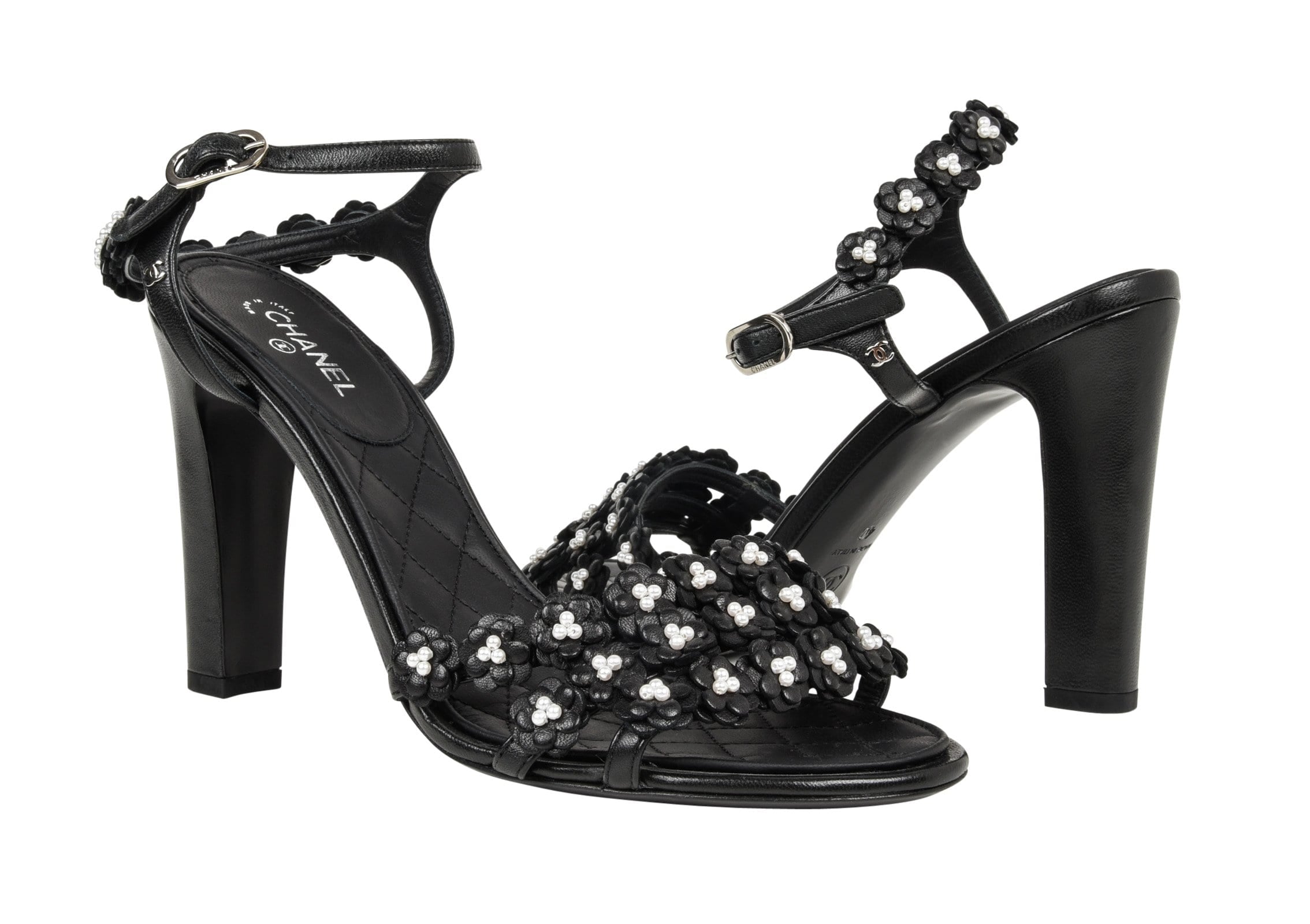 Chanel Shoe Camellia Black Leather Flowers w/ Pearls Sandal 40