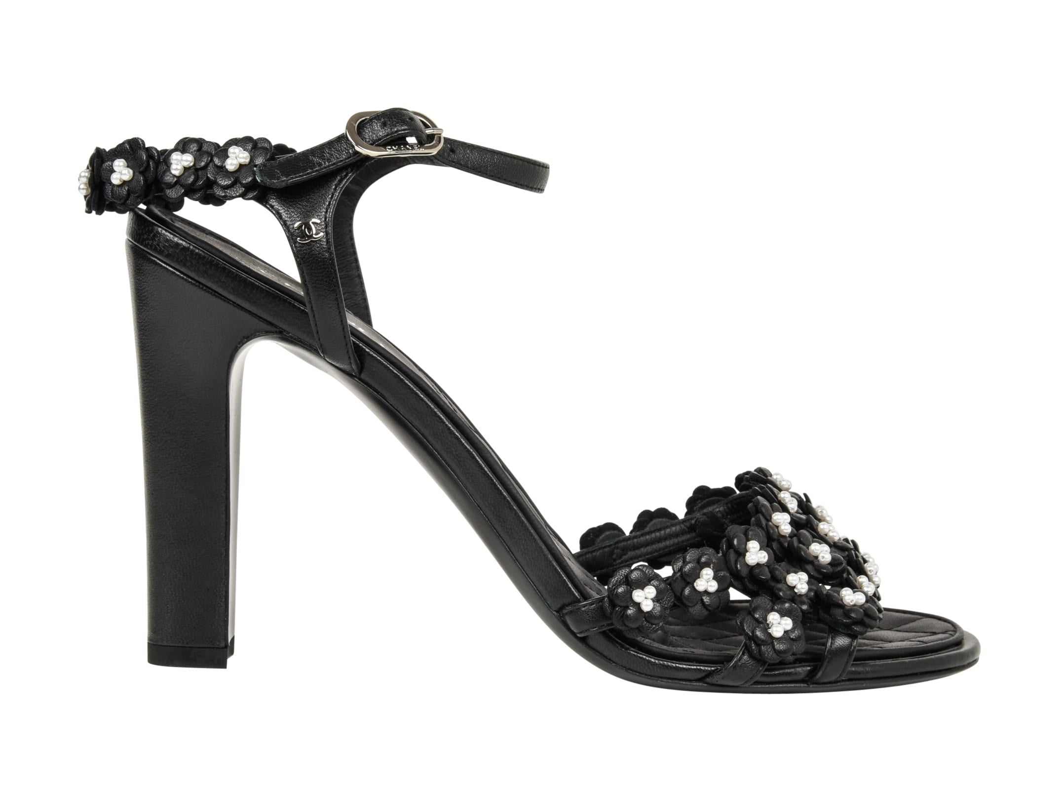 Chanel Shoe Camellia Black Leather Flowers w/ Pearls Sandal 40 / 10 New - mightychic