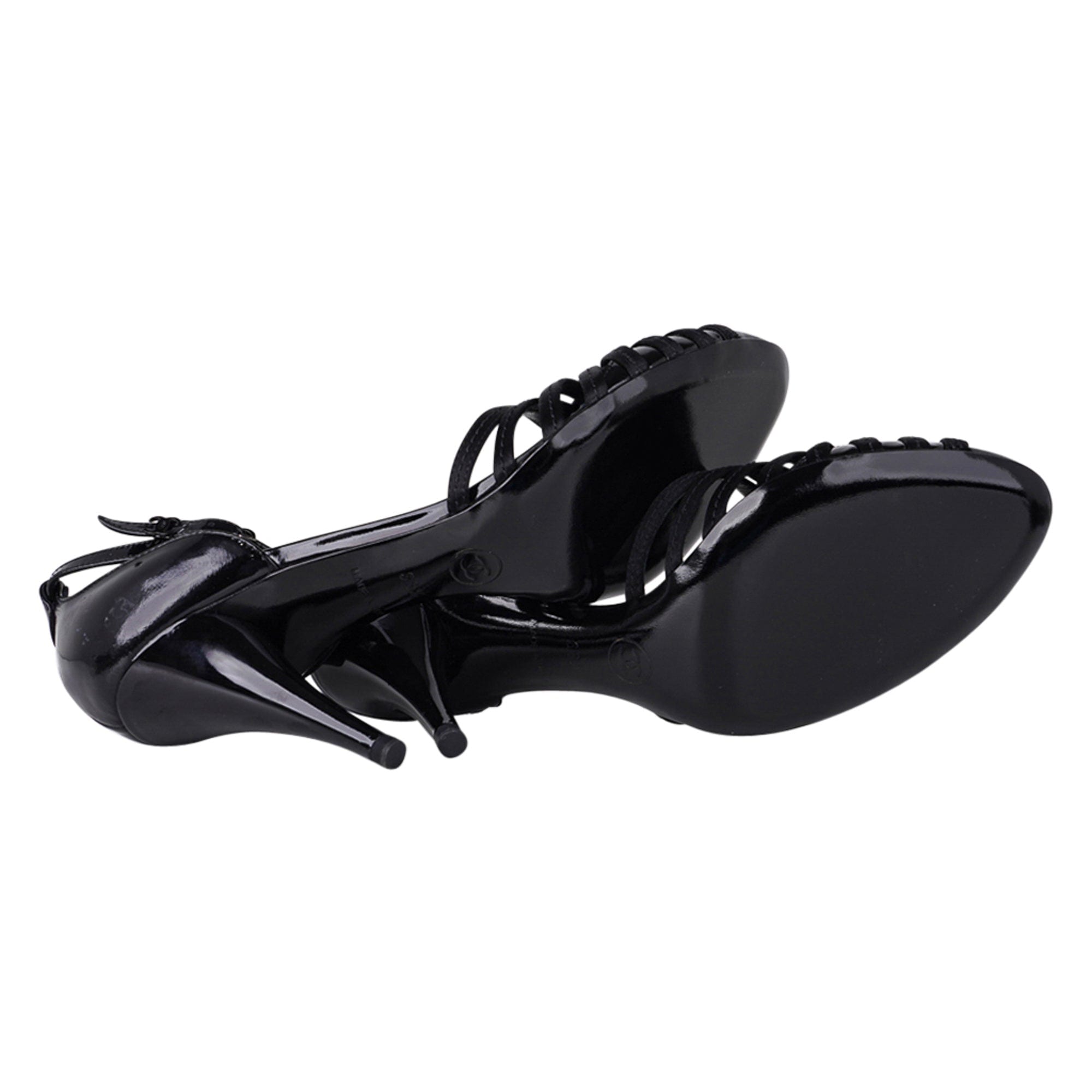 Chanel Shoe Black Patent Leather Satin Ankle Strap 38.5 / 8.5