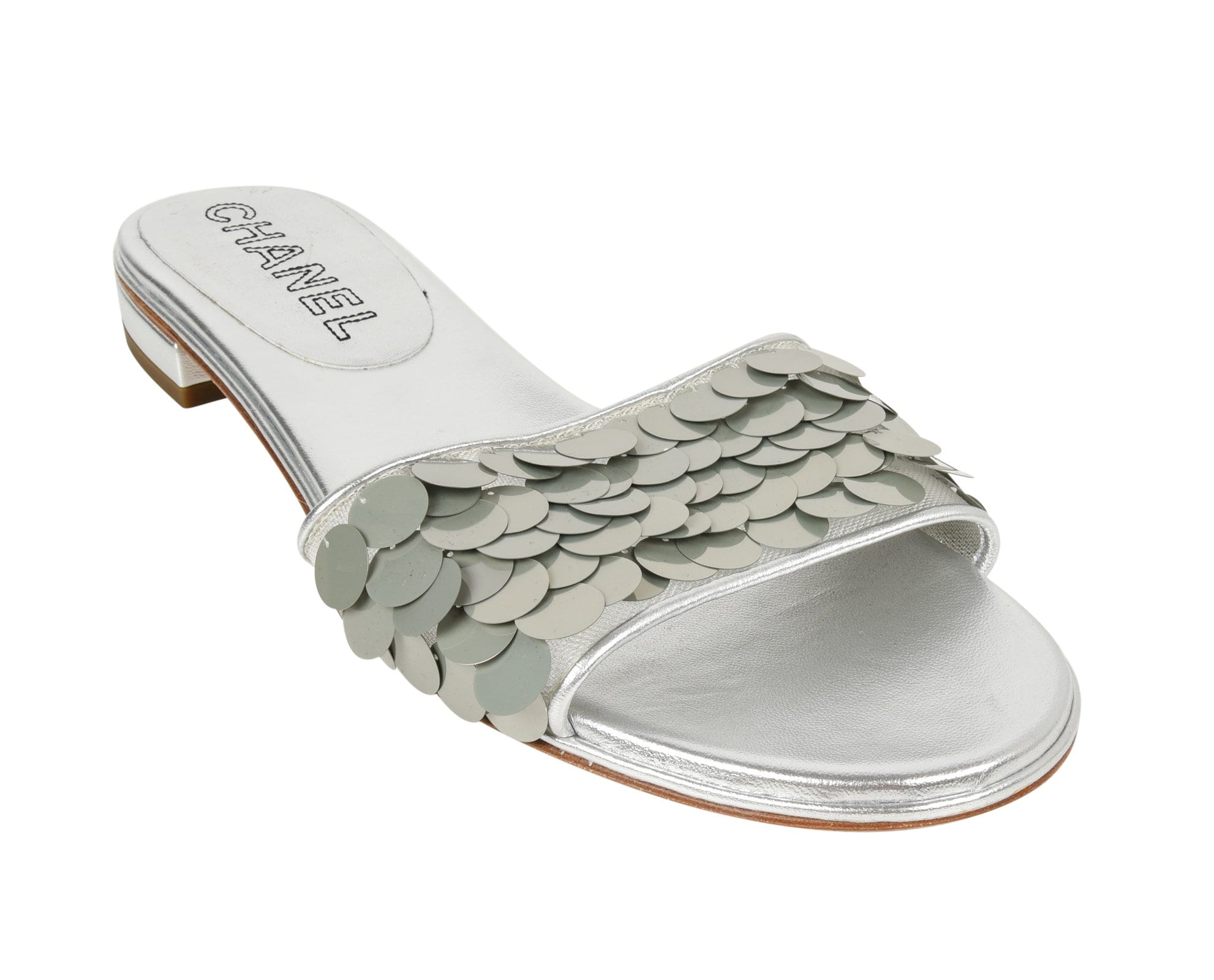 Chanel Shoe Silver Slide Light Catching Paillette Sequins 39.5