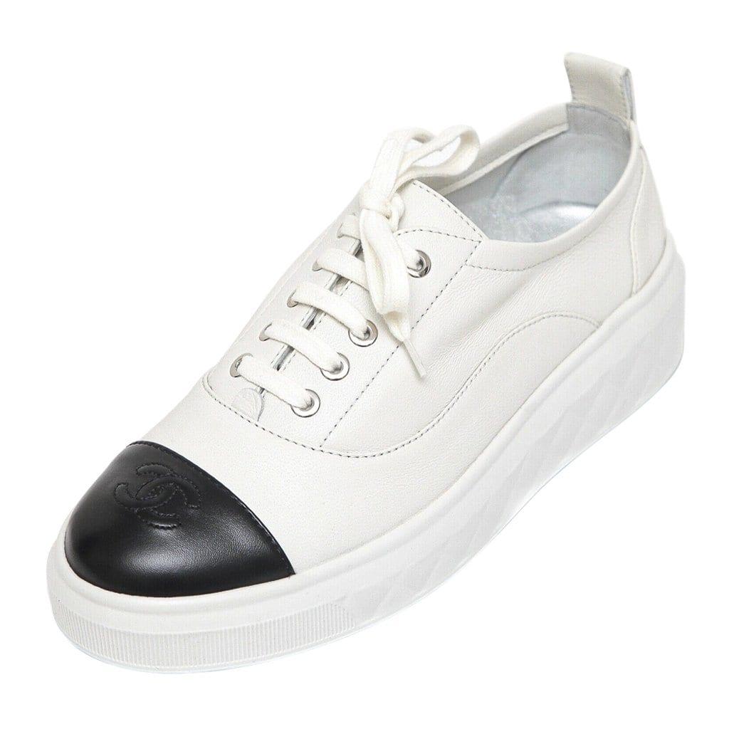 Chanel Sneakers White Leather w/ Black Leather CC To Cap 38 / 8 New w/Box Rare